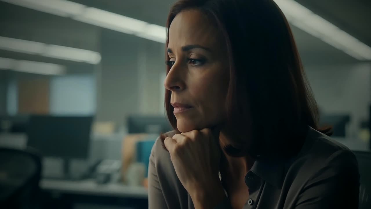 A woman at a grey office desk staring past her monitor