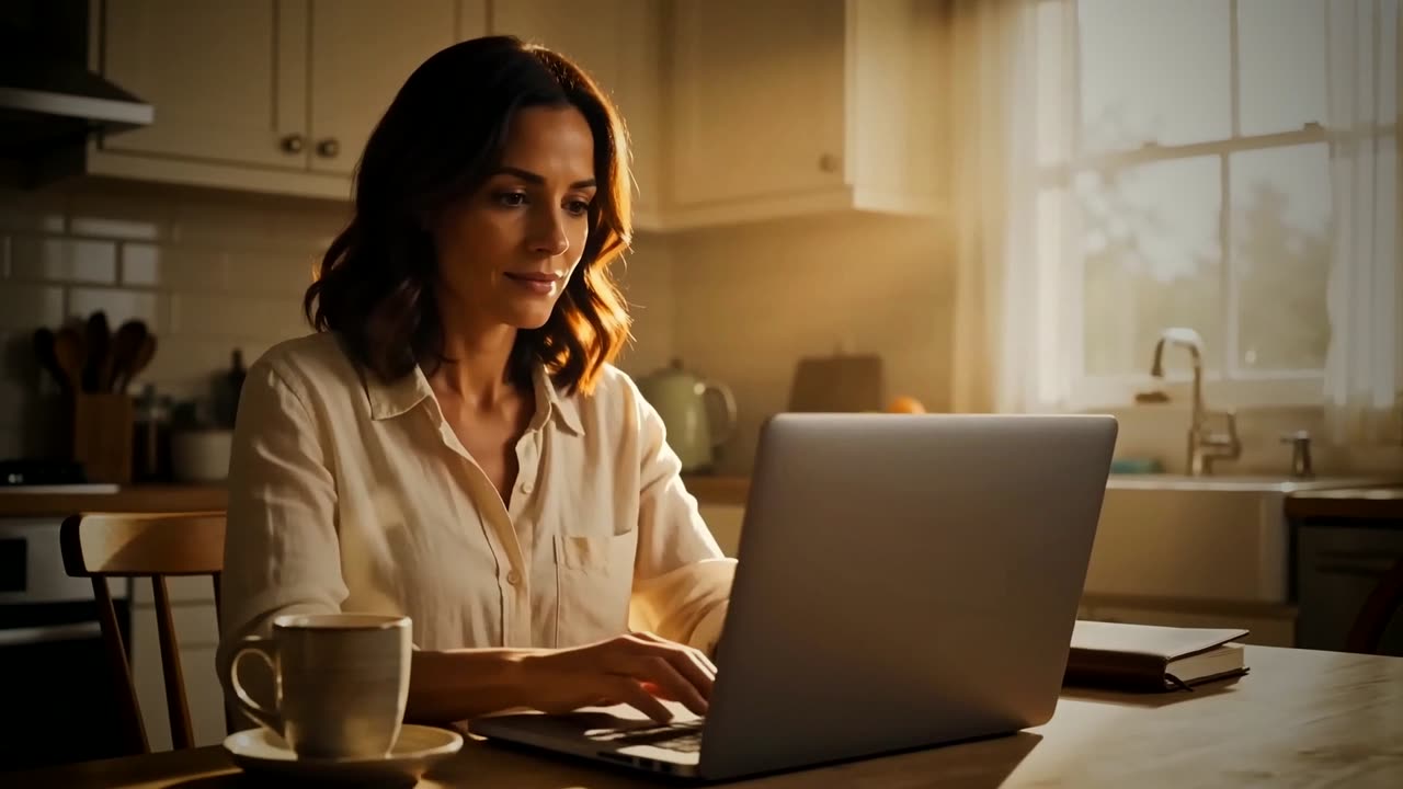 The same woman opening a laptop at a sunlit kitchen table
