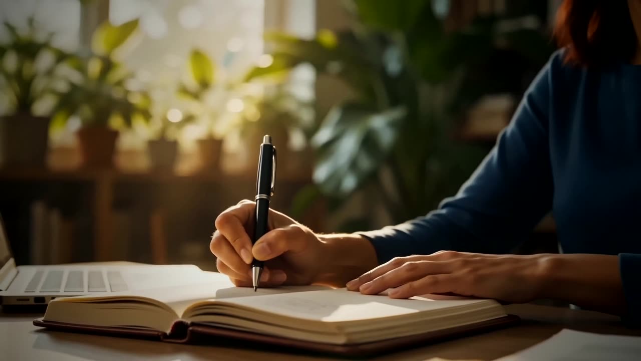 Hands writing in a journal beside a laptop