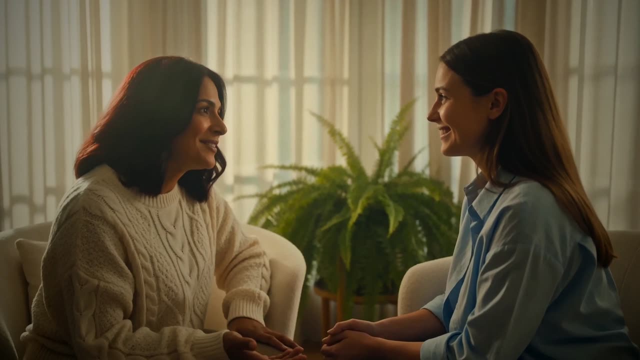 Two women laughing together in a coaching session
