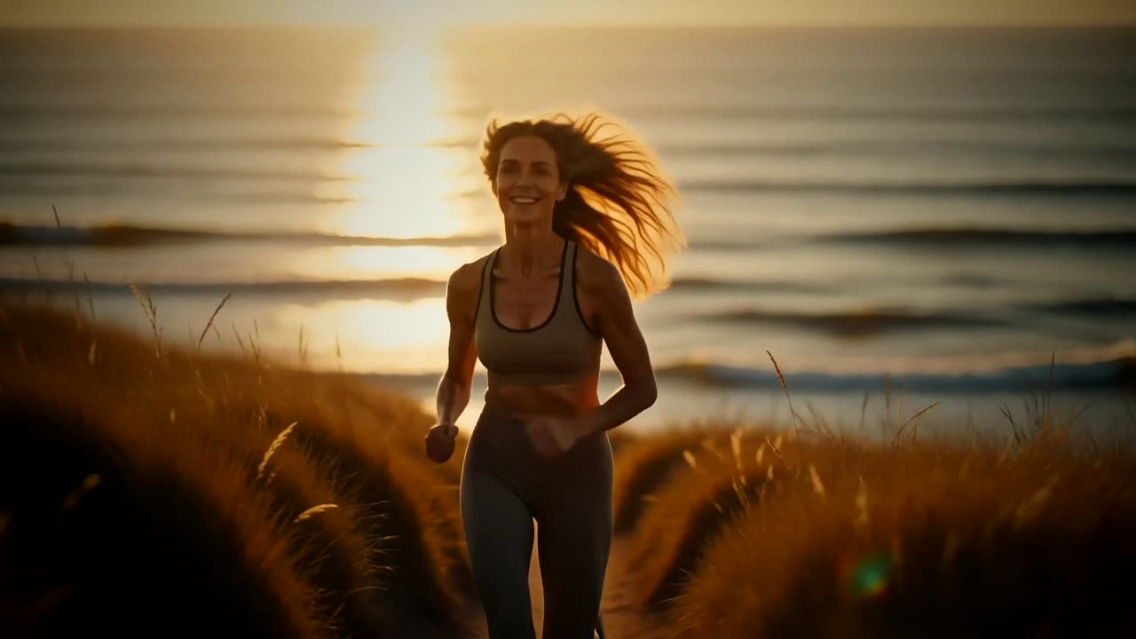 A woman running along a coastal path at golden hour